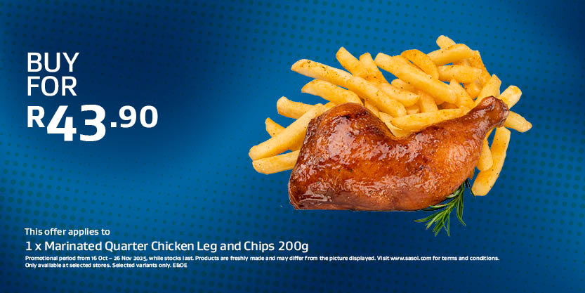 1 x Marinated Quarter Chicken Leg and Chips 200g