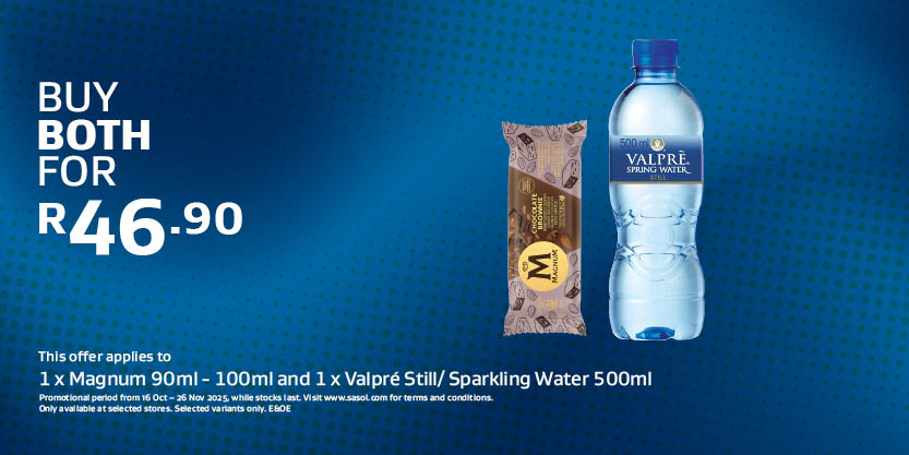 1x Magnum 90ml-100ml and 1x Valpre Still- Sparkling Water 500ml
