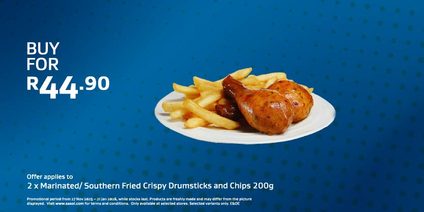 2 x Marinated- Southern Fried Crispy Drumsticks and Chips 200g_0