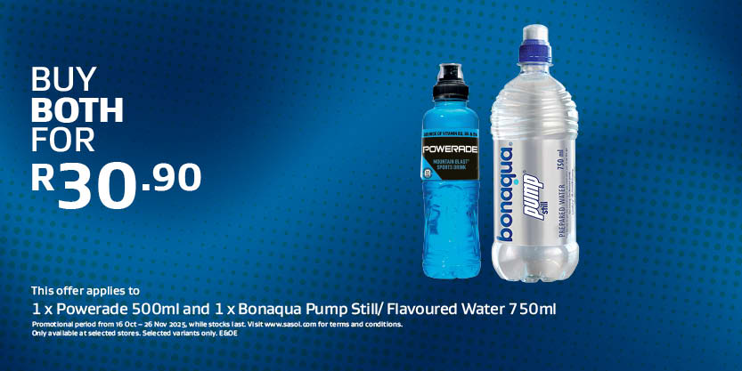 1 x Powerade 500ml and 1 x Bonaqua Pump Still- Flavoured Water 750ml