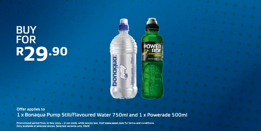1 x Bonaqua Pump Still-Flavoured Water 750ml and 1 x Powerade 500ml