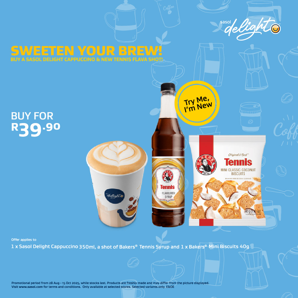 1 x Sasol Delight Cappuccino 350ml, a shot of Bakers Tennis Syrup and 1 x Bakers Mini Biscuits 40g